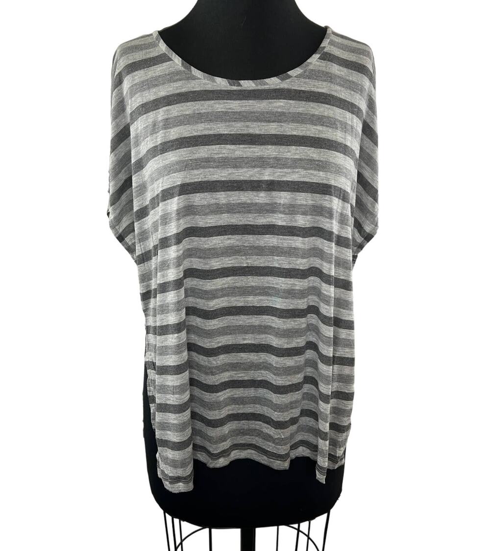 NWT Eileen Fisher Gray Stripe Micromodal Dolman Sleeve Side Slit Tee Shirt S NEW